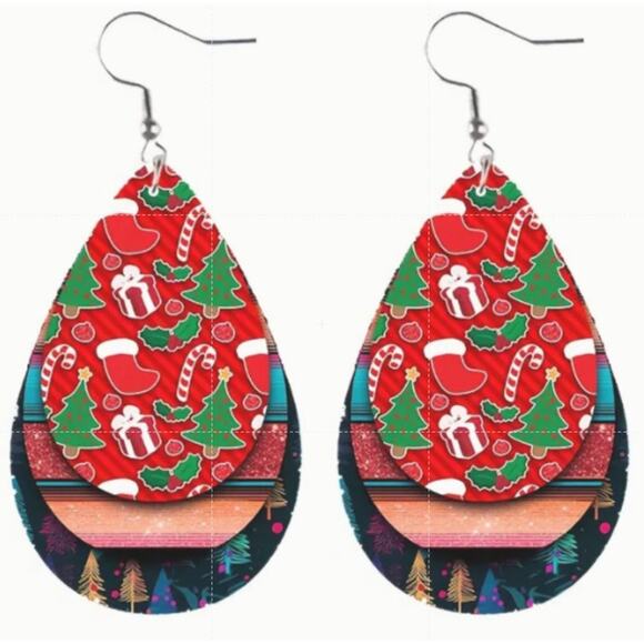 Set of 2 Christmas Teardrop Reversible PU Leather Hook Earrings C2, New! - Picture 2 of 3